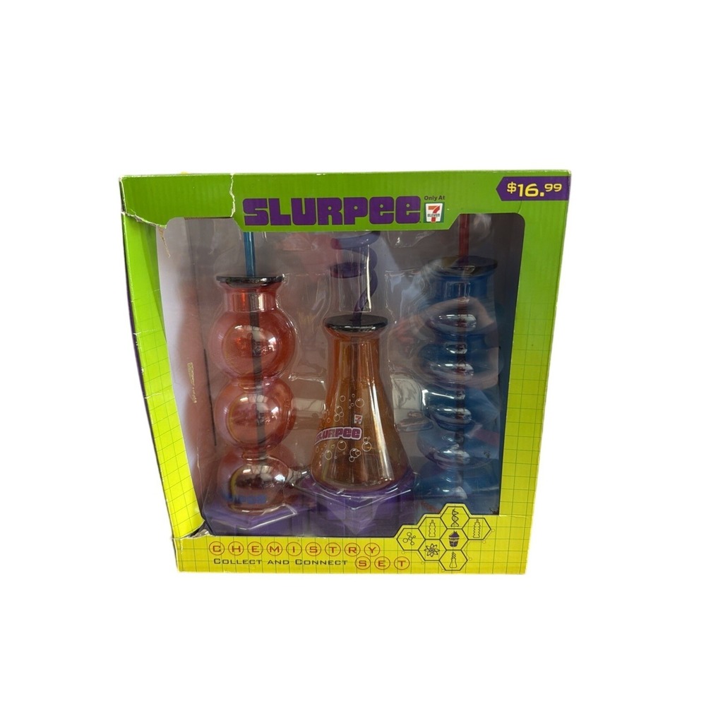 New 7-Eleven Slurpee Chemistry Set Drink Containers Damaged Box